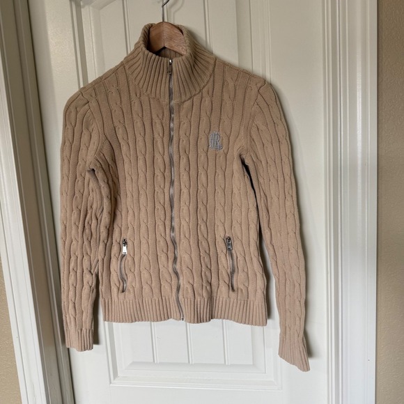 Lauren Ralph Lauren Tan Cable Knit Full Zip Mock Neck Cotton Sweater Small - Picture 2 of 6